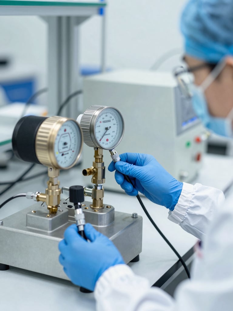 A certified calibration technician in clean high-vis gear calibrating a pressure transmitter using professional testing equipment in a bright laboratory