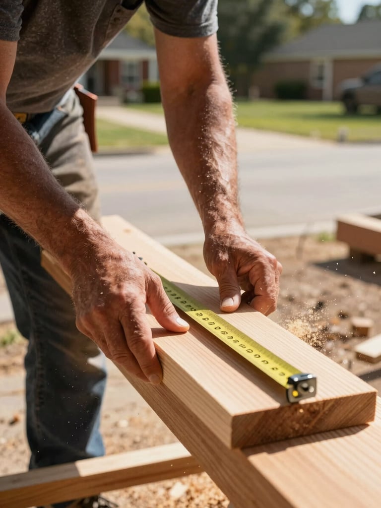 A close-up of a carpenter carefully measuring a cedar board on a sunny Oklahoma driveway, sawdust catching the daylight