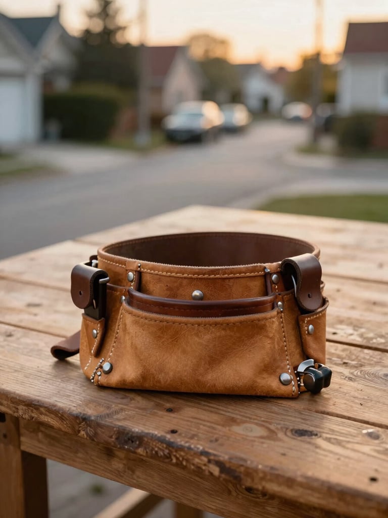 A classic leather tool belt resting on a wooden workbench, a quiet residential street visible in the soft-focus background under warm golden hour light.