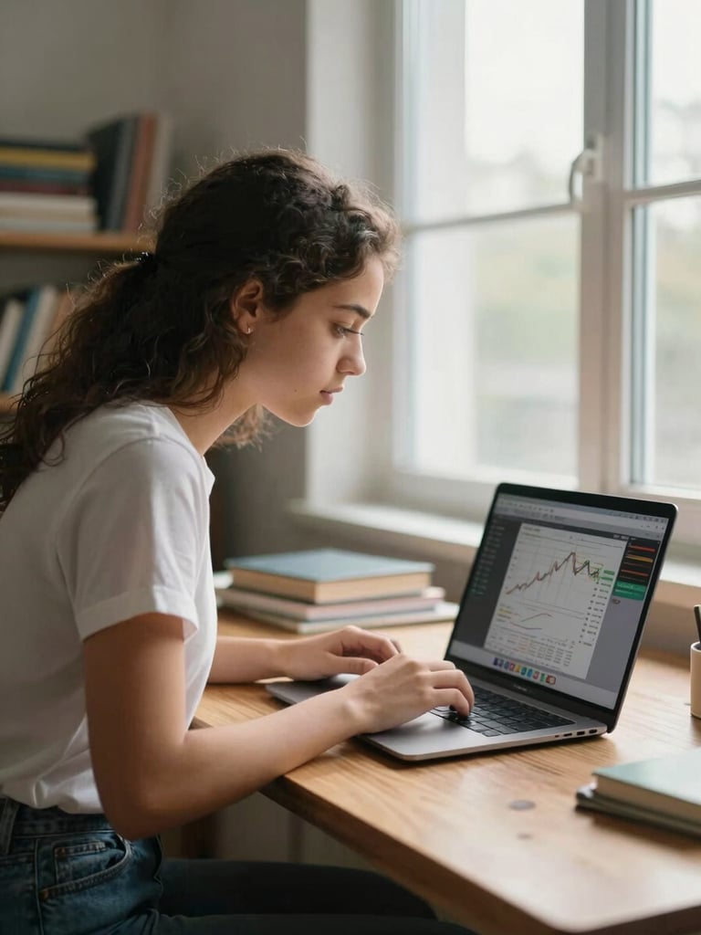 Medium shot from the left side of a real teenage girl, diverse and natural-looking, seated at a wooden desk near a large window flooding the room with morning daylight; she leans forward studying a laptop screen displaying a stock chart, one hand resting on the keyboard, concentration visible on her face, soft shadows across the desk surface, home study environment with books in the background