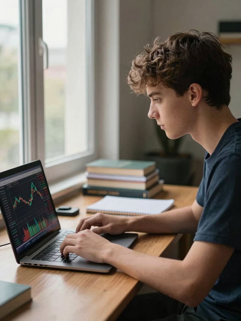 Medium shot from the side, a teenager seated at a desk near a large window, natural daylight falling across an open laptop displaying a stock chart, the teenager's eyes fixed on the screen with visible concentration—no smile, no performance, just focus. Home office environment, books and a notebook visible in the background, warm ambient light from outside filling the frame.