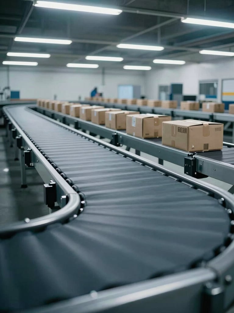 Wide angle shot of a clean, automated parcel conveyor belt inside a modern logistics terminal, cool industrial fluorescent lighting, sharp focus, 35mm