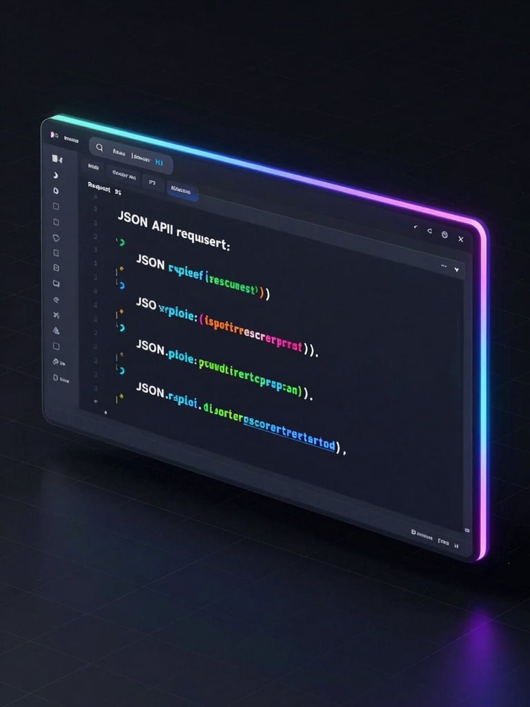 Sleek 3D render of a code editor showing a JSON API request and response, with neon-edge glows and subtle grid lines, orthographic projection.