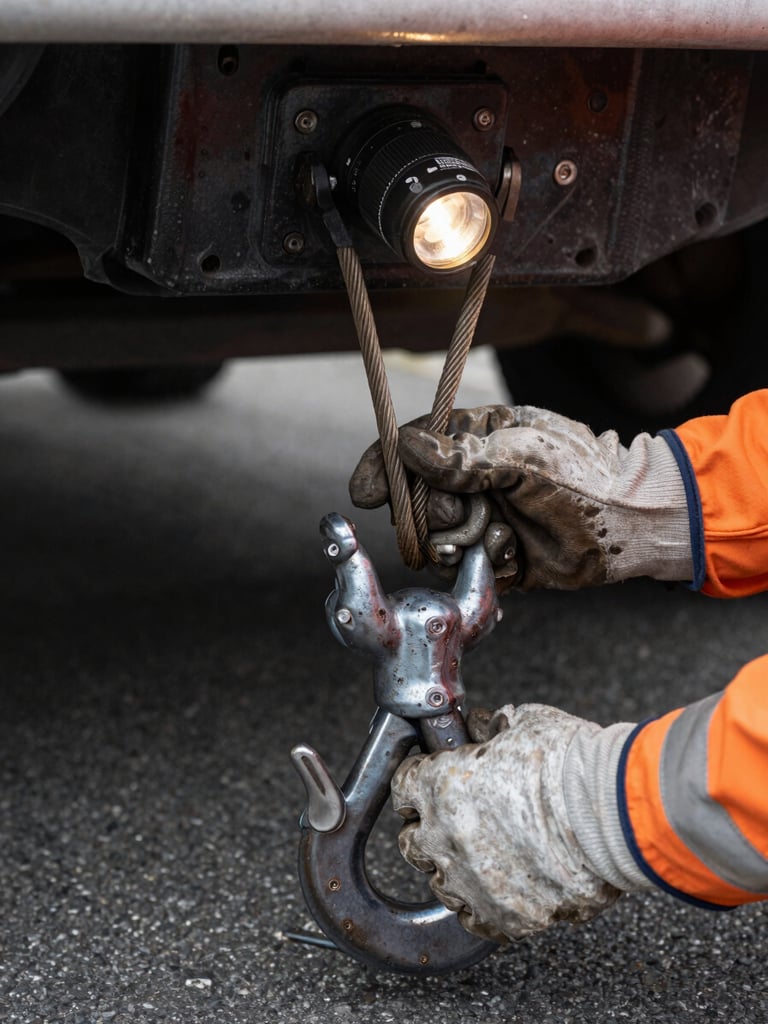 Close-up of crew hands connecting heavy tow hook to a vehicle's chassis, tungsten work-light illuminating worn steel cable and gloved hands, asphalt road surface visible at the bottom edge, tight documentary framing with shallow depth