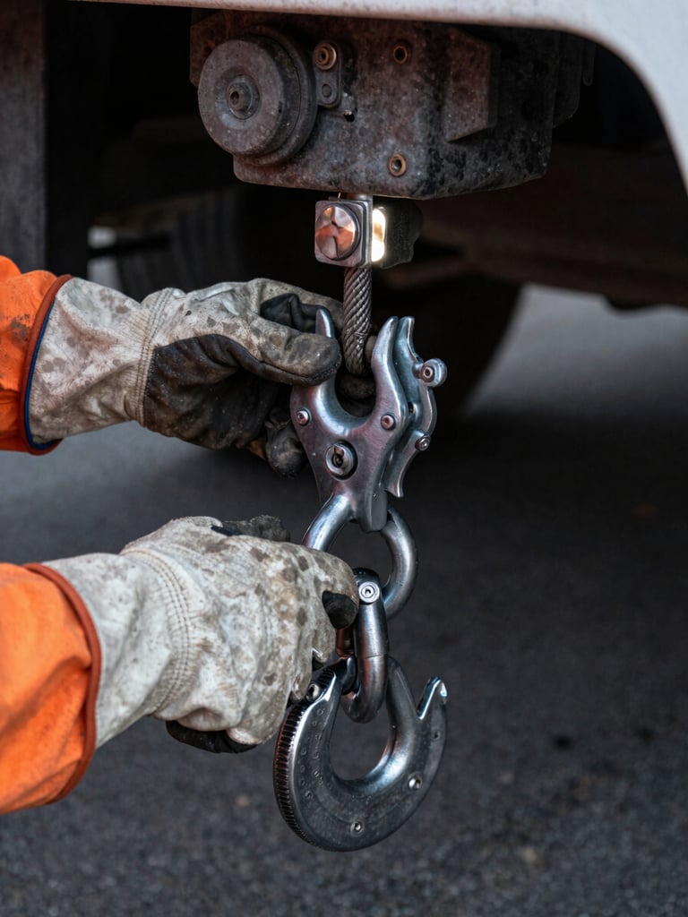 Close-up of crew hands in work gloves connecting a steel tow hook to a vehicle chassis under harsh truck work-light tungsten, dark asphalt background, gritty documentary framing