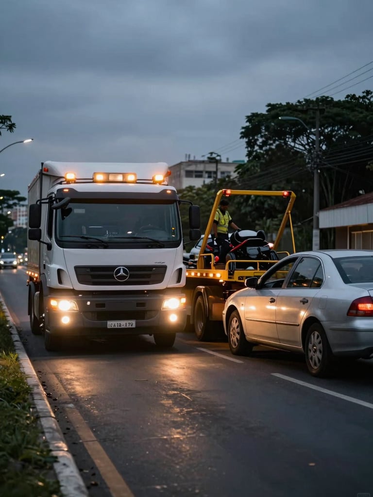 Wide environmental shot, truck cab headlights cutting through pre-dawn darkness on a São Paulo urban arterial road, the tow truck arriving at a stranded sedan on the right shoulder, amber work lights casting tungsten glow on the asphalt, crew member stepping out of cab — no faces visible, focus on arrival motion and equipment