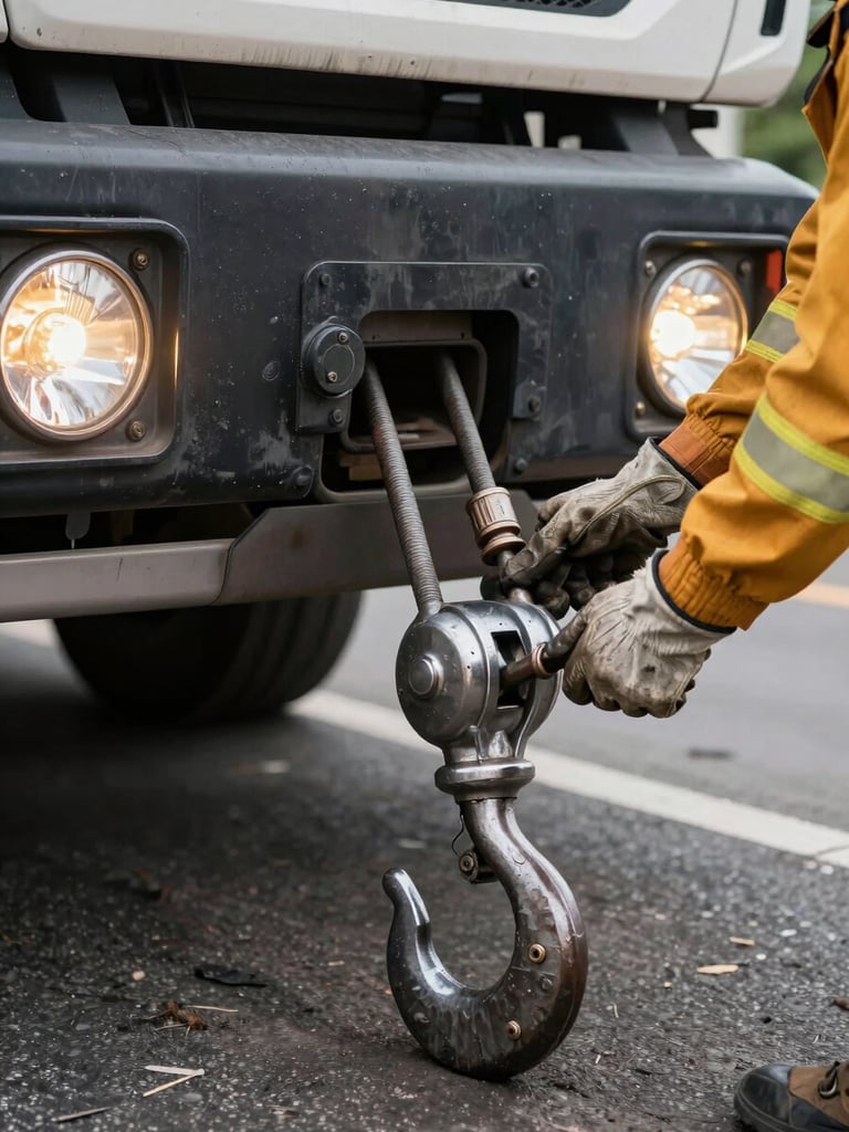 Close-up of crew hands connecting a heavy steel tow hook to a vehicle chassis on a São Paulo roadside, daylight with tungsten truck work lights catching the metal, rough gloves and safety equipment visible, asphalt and tire in background