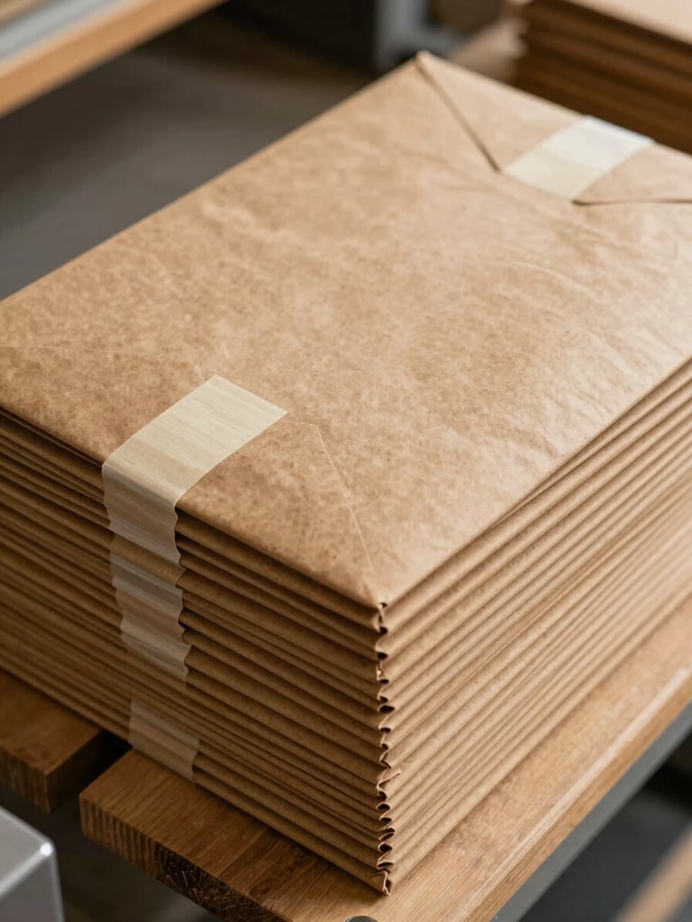 Overhead close-up of a neat stack of kraft brown mailing envelopes on a wooden packing bench, self-seal adhesive strip visible on the top envelope, warm studio overhead lighting, slight depth of field, industrial-documentary style