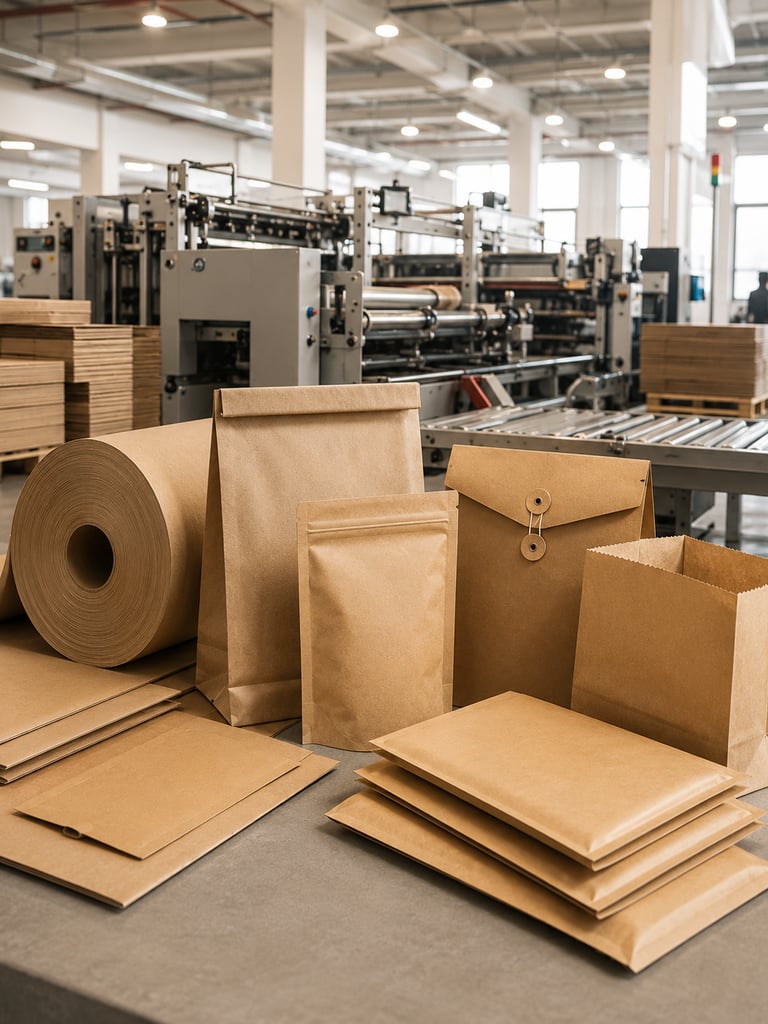 Gaoya paper packaging production scene showing kraft paper rolls, paper bags, mailing envelopes, and