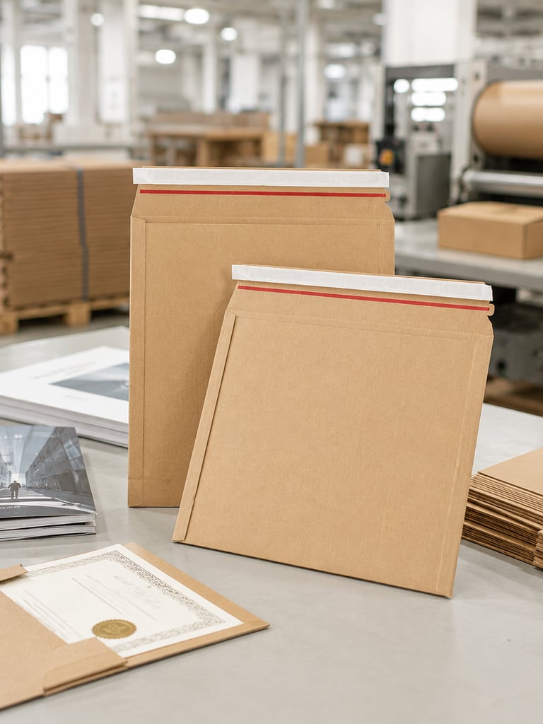 Rigid cardboard shipping envelopes with self-seal closure for flat goods, documents and catalogs