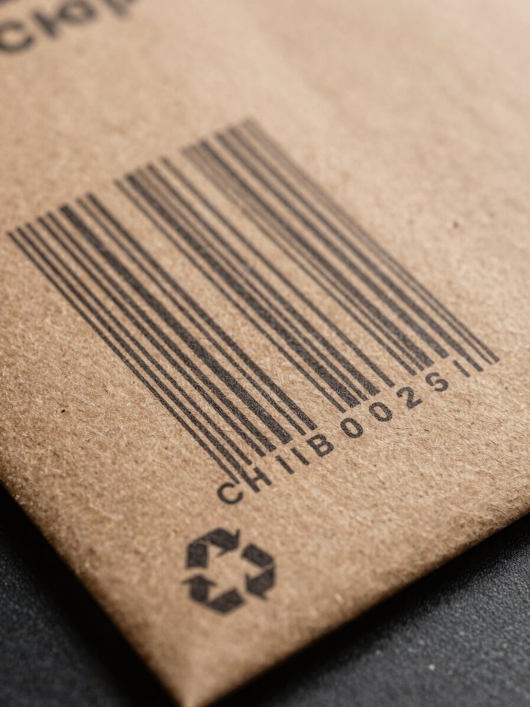 Extreme close-up of a kraft paper mailer surface showing crisp black barcode strip and small recycling triangle mark printed in the lower corner, studio overhead light, texture of kraft weave visible beneath the ink, no hands