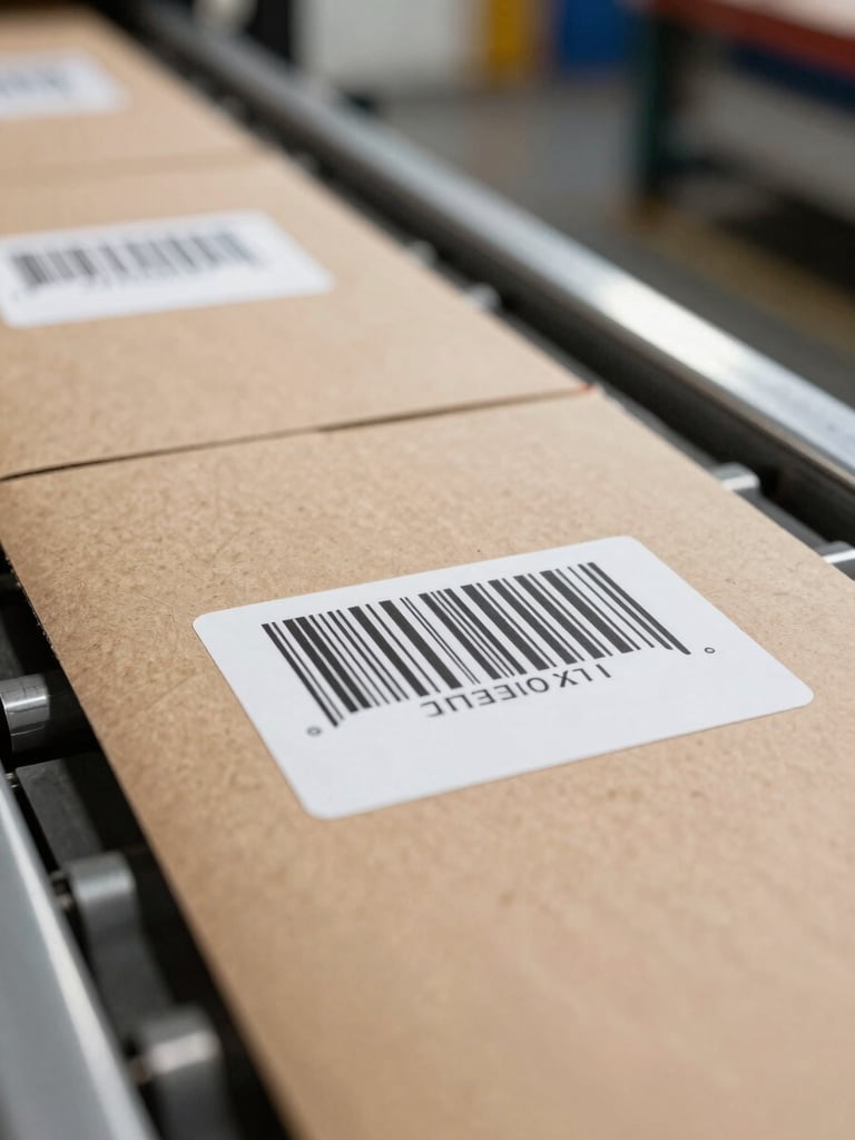 Extreme close-up of kraft paper mailer moving along a warehouse conveyor belt, barcode label printed directly on the surface visible in sharp focus, overhead fluorescent lighting, industrial metal conveyor edge in frame