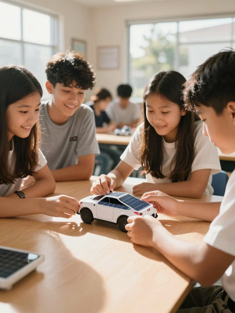 A bright, sunlit California classroom where high school students are collaboratively assembling a small solar-powered model car, warm optimistic tones, 35mm lens.