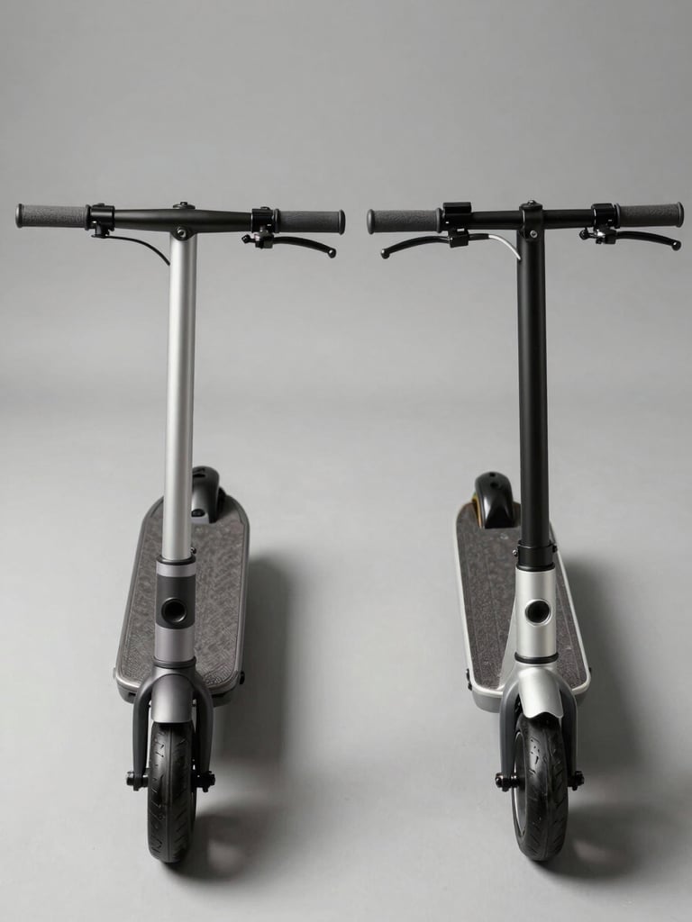 Side-by-side comparison framing of two scooters placed parallel on a clean studio surface, neutral daylight from above revealing the full profile of each model — seat height, handlebar position, wheel size — no riders, no background clutter