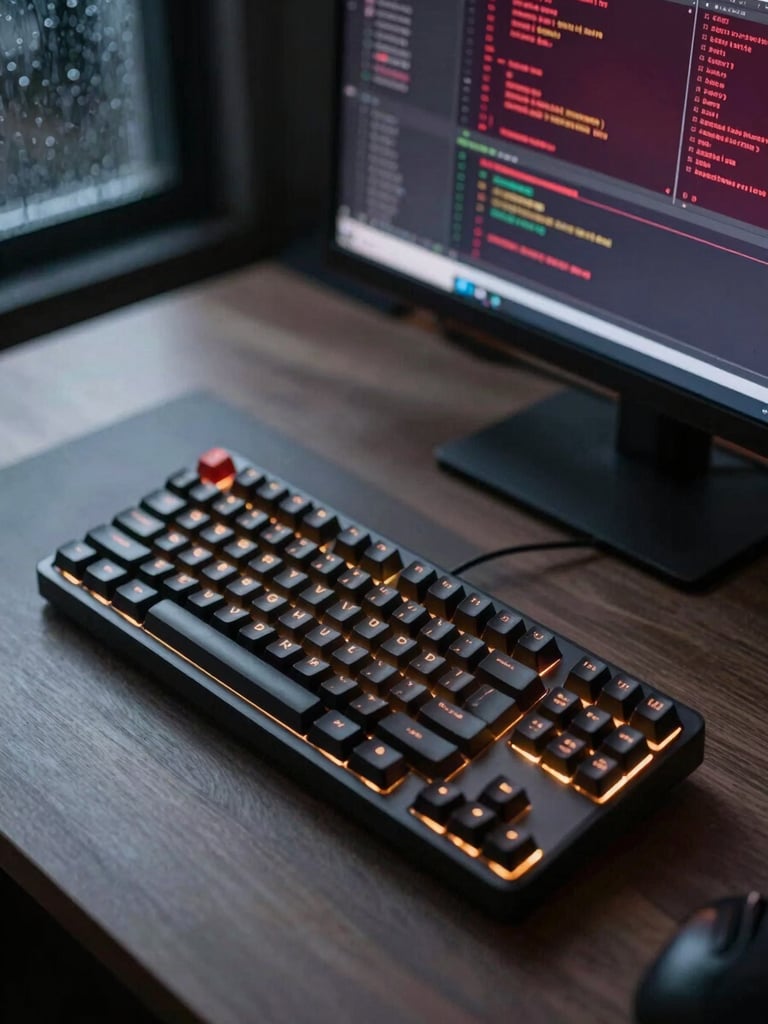 Overhead editorial shot of a workstation at night — mechanical keyboard with amber key backlighting, a secondary screen displaying node-graph code in deep crimson tones, shallow depth of field, rain-blurred window reflection on the desk surface