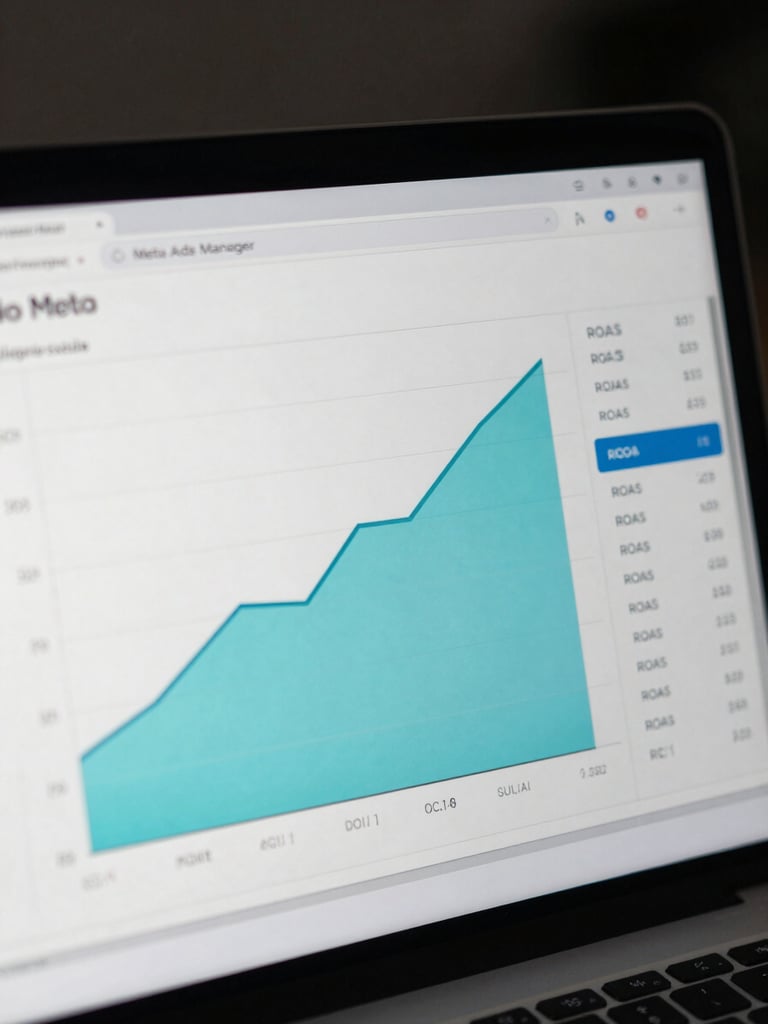 Extreme close-up of a laptop screen showing a Meta Ads Manager dashboard with a campaign graph trending sharply upward in cyan, performance columns with ROAS and CPL data visible, dark room background, cool screen-light only, no people