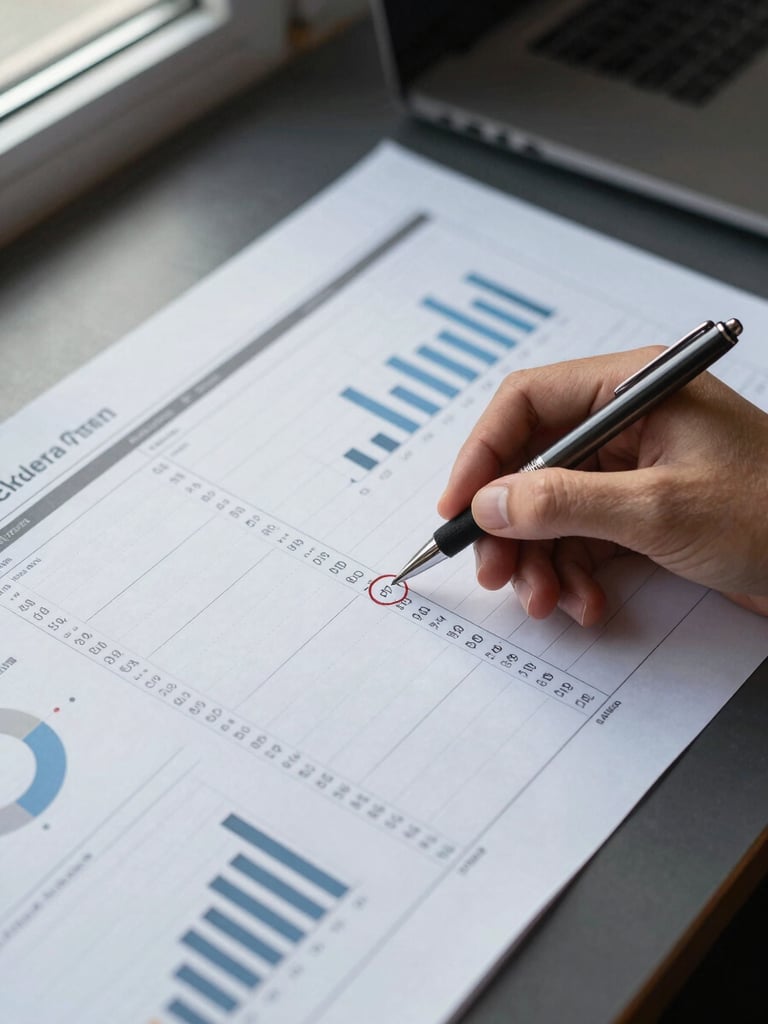 Overhead tight shot of a desk with a printed analytics report spreadsheet, a hand holding a pen circling a CPL metric column, numbers and bar charts visible on paper, cool window daylight from the left, no faces visible
