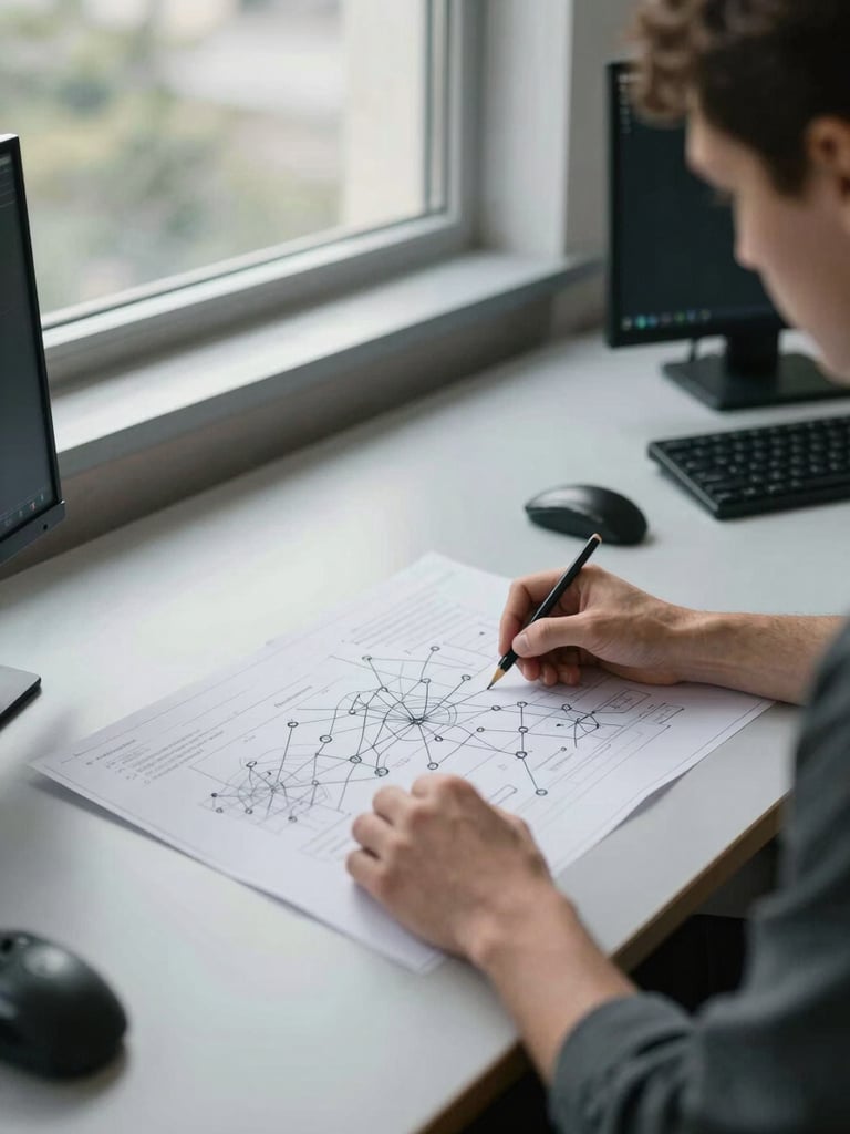 Wide environmental shot, daylight from a north-facing window flooding a long desk, an engineer's hands spreading a printed network architecture diagram across the surface, annotated in pencil, a second monitor visible at the far edge, muted steel-gray surroundings