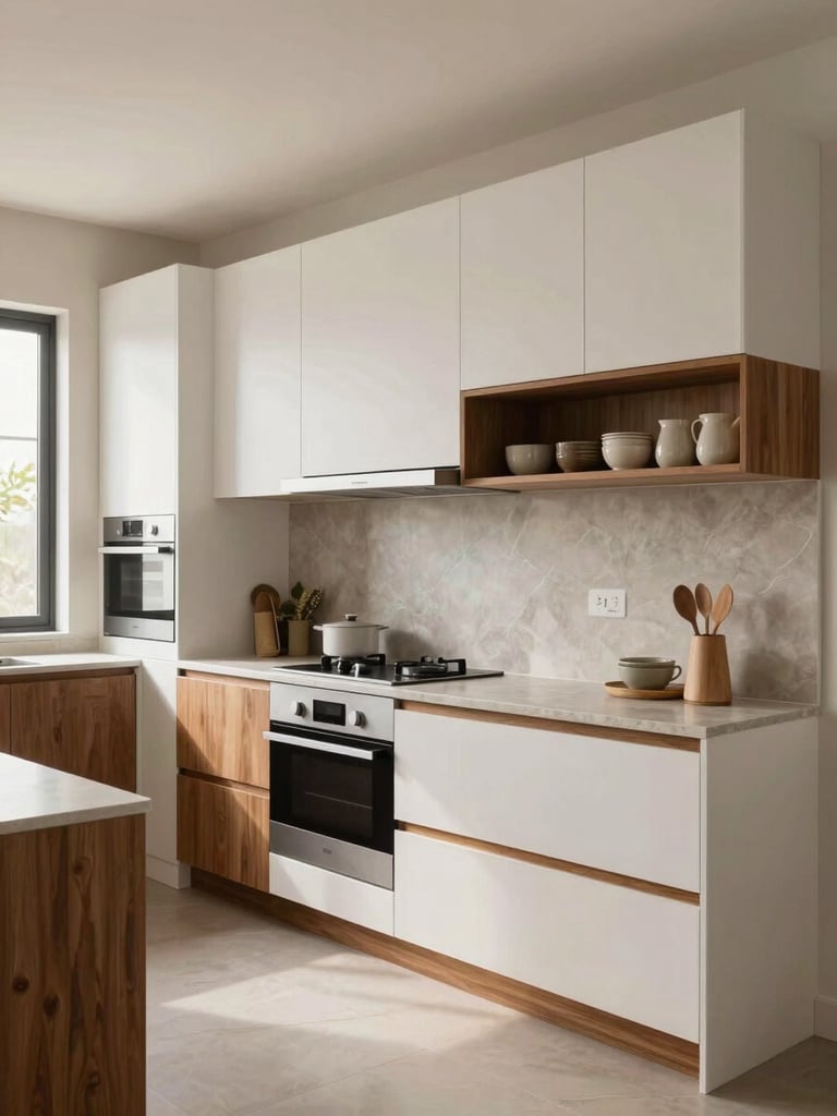 Wide environmental shot of a completed modular kitchen in Bengaluru — floor-to-ceiling cabinetry in matte white with warm wood grain lower units, integrated appliances, stone-look countertop, open shelving with ceramic storage, photographed from mid-room showing full spatial depth and storage logic, soft diffused daylight from a side window, no people, true colors