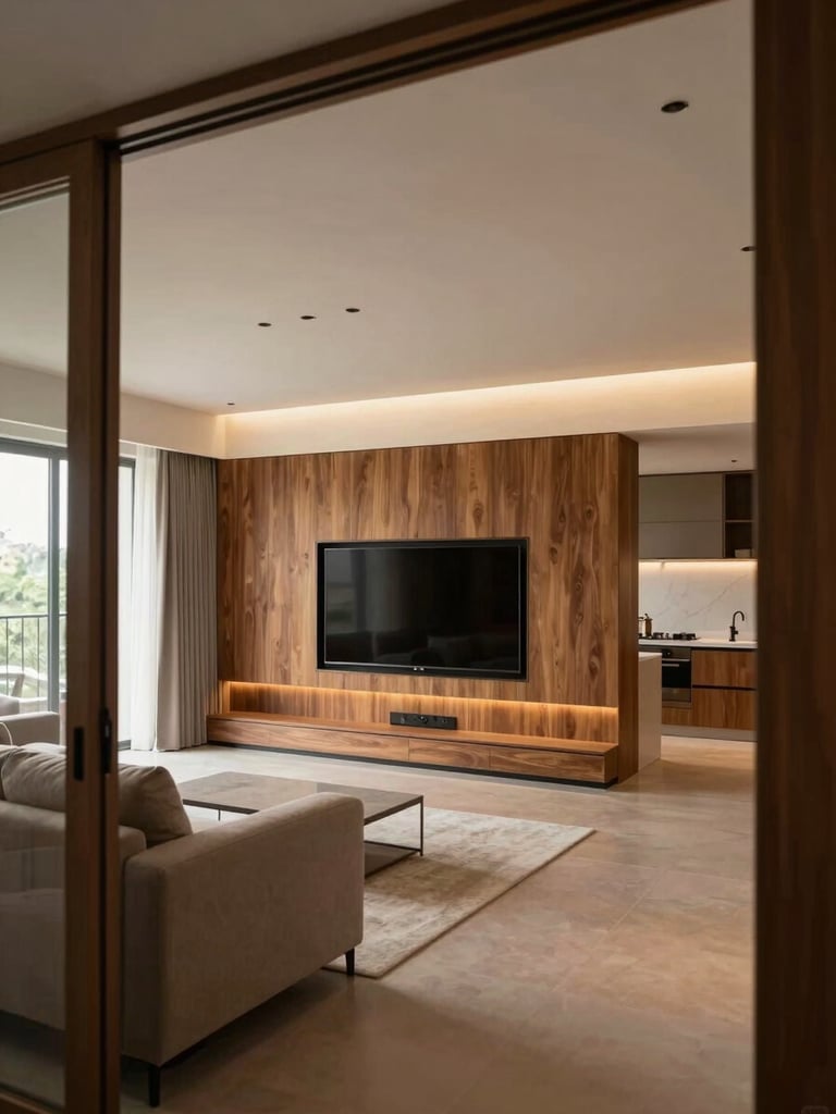 Wide environmental shot from the doorway of a completed modular living room interior in Bengaluru — full-room view showing ceiling-to-floor proportion, a built-in TV wall unit with warm wood laminate panels, integrated ambient lighting above, a neutral sofa arrangement, and a glimpse of the open kitchen beyond a pass-through, photographed in soft mid-morning window light from the left, true colors, no people