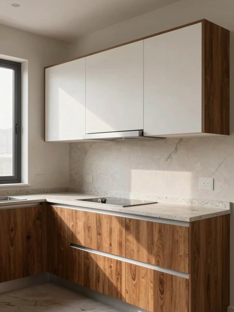 Medium environmental shot of a completed modular kitchen in a Bengaluru apartment, photographed in mid-morning natural side light from a left window, warm wood-grain lower cabinets with matte white upper shutters, integrated appliances flush with cabinetry, stone-finish countertop showing material quality, no people, ceiling-to-counter proportion visible, soft diffused light rendering true laminate sheen