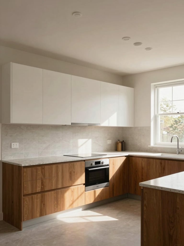 Wide environmental shot from the left side of a completed modular kitchen, ceiling-to-floor proportion visible — warm wood-finish lower cabinets, matte white upper cabinets, quartz countertop, soft mid-morning daylight entering from a right-side window, no people, full spatial depth showing ceiling-mounted lights and tiled backsplash in true color