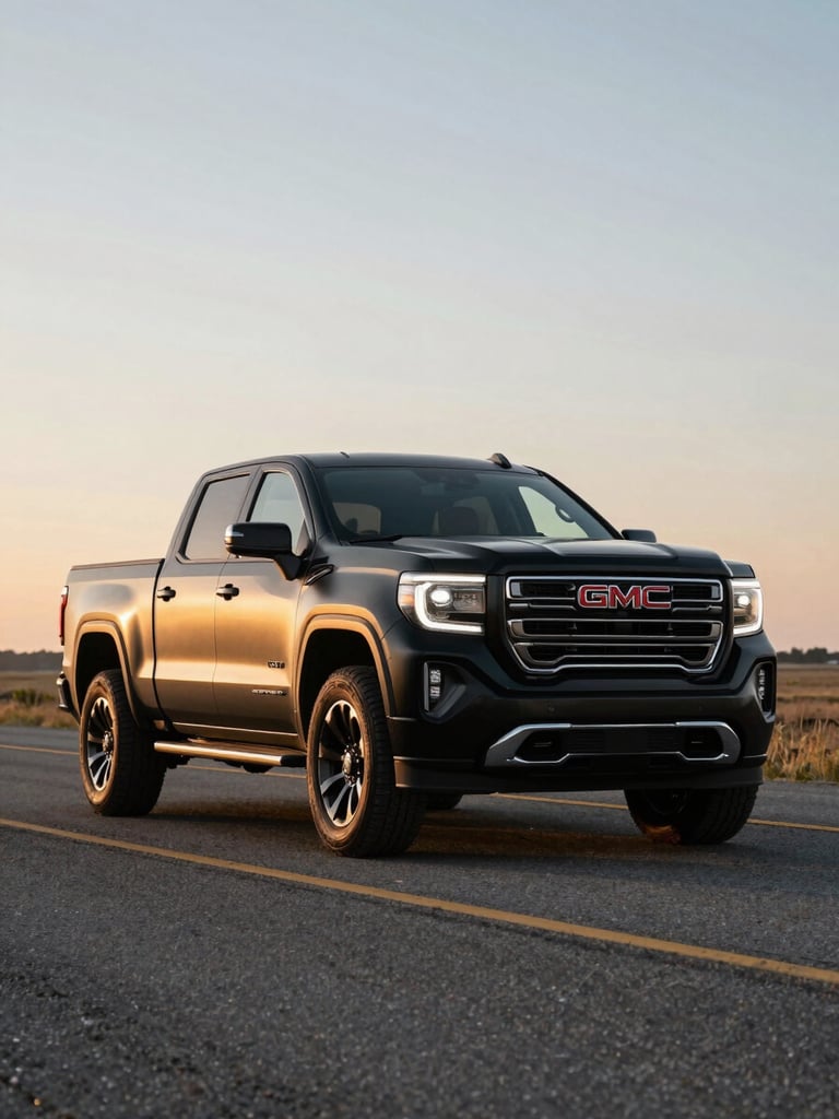 Wide environmental shot of a brand-new GMC Sierra 1500 in matte black, parked on open highway at golden hour, shot from a low three-quarter front angle, headlights on, expansive sky and flat plains behind it