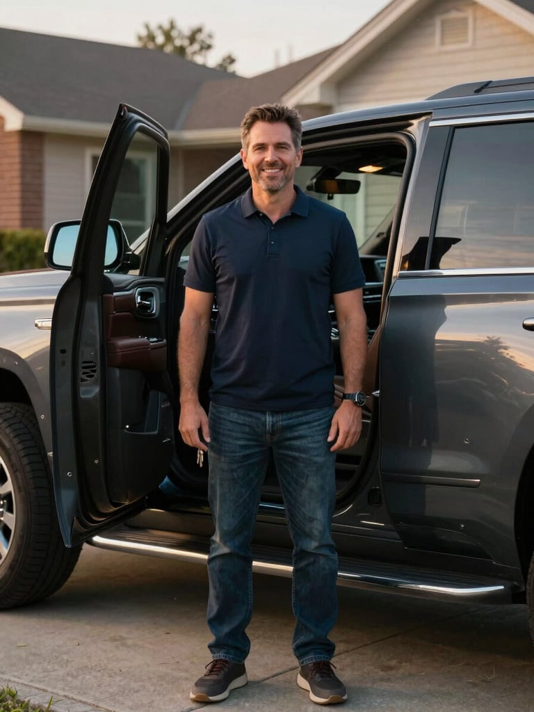 Medium portrait of a man in his 40s standing beside a brand-new GMC Yukon in a suburban driveway, genuine unposed smile, golden afternoon light, keys visible in his hand, vehicle door open behind him