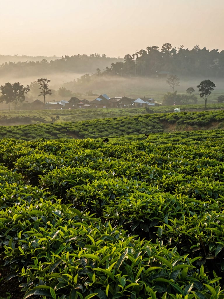 Wide panoramic view of lush green tea plantations in Upper Assam, misty morning light, low horizon, with a small traditional Indian village visible in the distance, deep forest greens and rich amber tones, shallow depth of field, 35mm