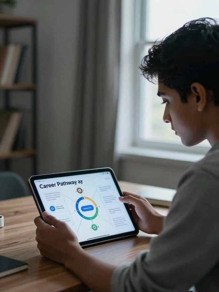 A focused young Indian student in a modern, quiet study space, looking at a tablet displaying a personalized career pathway recommendation chart. Soft natural window light mixed with cool screen glow.