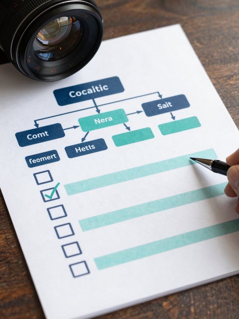 Flat dual-tone vector illustration of a structured data schema and checklist layout, clean grid lines, navy and teal