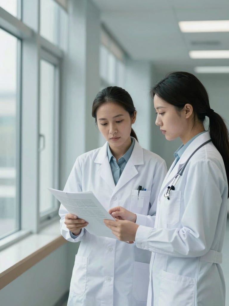 Wide clinic corridor with soft diffuse window light, a coordinator and physician standing side by side reviewing a printed chart, calm and focused, soft blue-grey walls visible in background