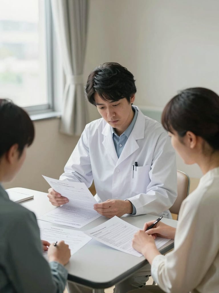 Wide environmental shot of a hospital consultation room in Japan, a coordinator and patient seated at a table reviewing printed intake documents together, diffuse natural window light from the left, calm clinical interior, focus on the papers and attentive posture of both people