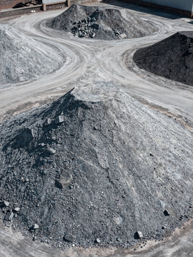 High-angle shot of raw mineral stockpiles in an organized industrial yard, cool desaturated tones, high contrast, 35mm lens.