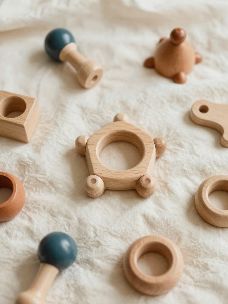 Overhead flatlay of curated children's wooden toys and a soft cotton blanket on a warm cream background, soft natural daylight, shallow depth of field