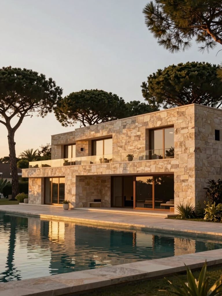 Wide architectural exterior of a modernist stone villa at golden hour, surrounded by tall pine trees, soft warm light reflecting off a quiet pool, negative space on the left, warm editorial photography, 35mm lens