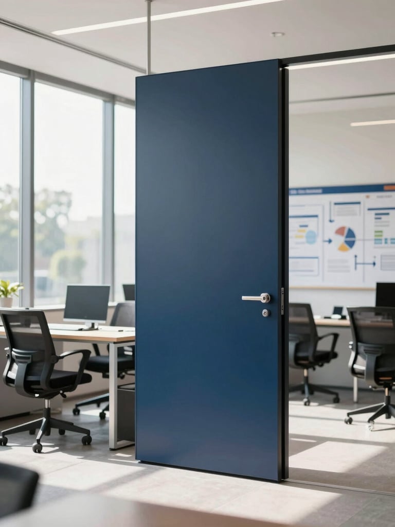 Medium-wide environmental shot of a modern Indian corporate office in New Delhi, bright natural daylight streaming through large windows, a clean collaborative workspace with a strategic planning board in the background, shallow depth of field.