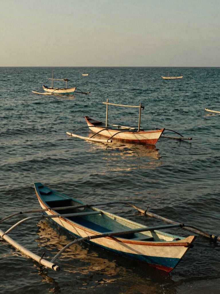 Atmospheric coastal photography of traditional wooden fishing boats on the shores of Kuala Batee, Aceh, golden-hour light reflecting on the sea, 35mm.