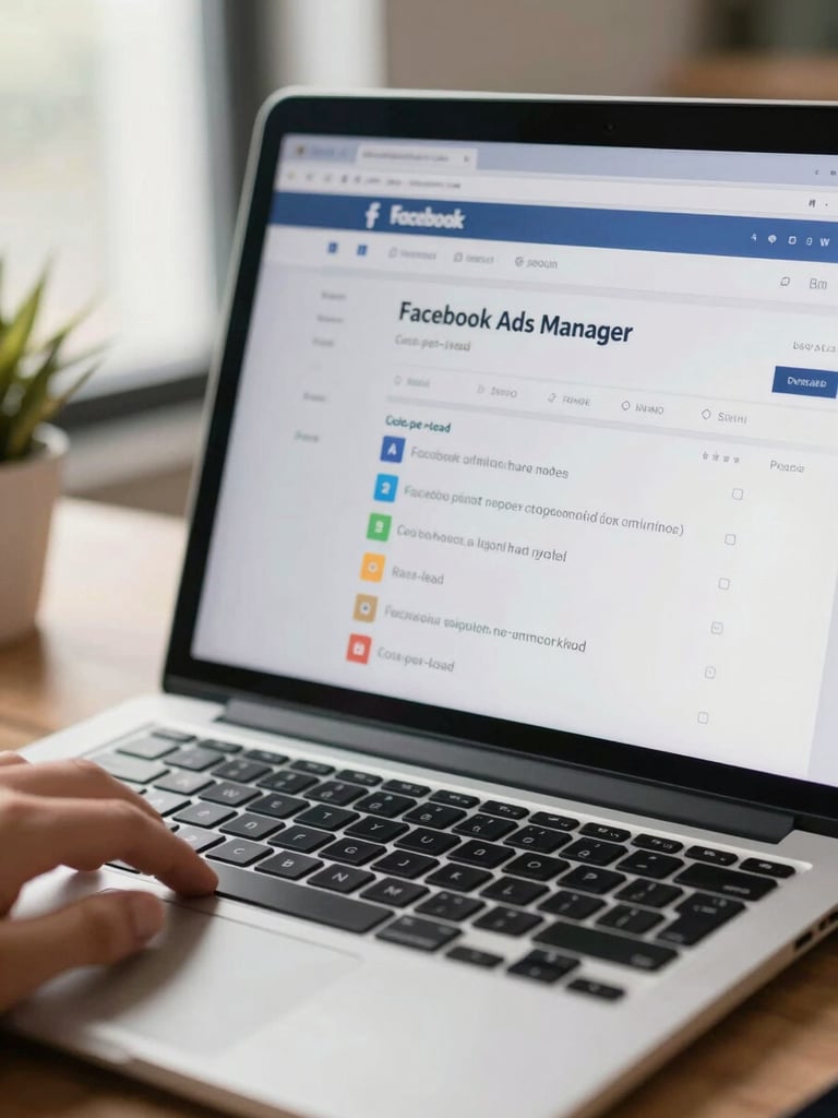 Close-up of a laptop screen showing a Facebook Ads Manager dashboard with cost-per-lead metrics clearly visible, bright office daylight from the left, hand resting near the trackpad