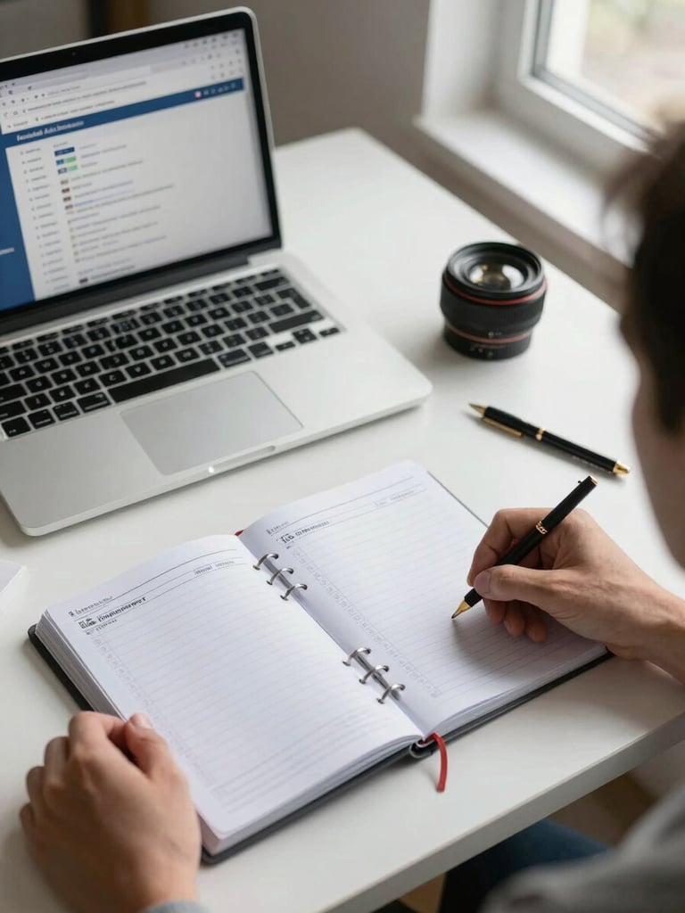 Overhead angle on a physical desk planner showing booked appointment slots beside a laptop open to a Facebook Ads Manager campaign view, bright even office daylight from a window to the right, hands visible resting near the keyboard