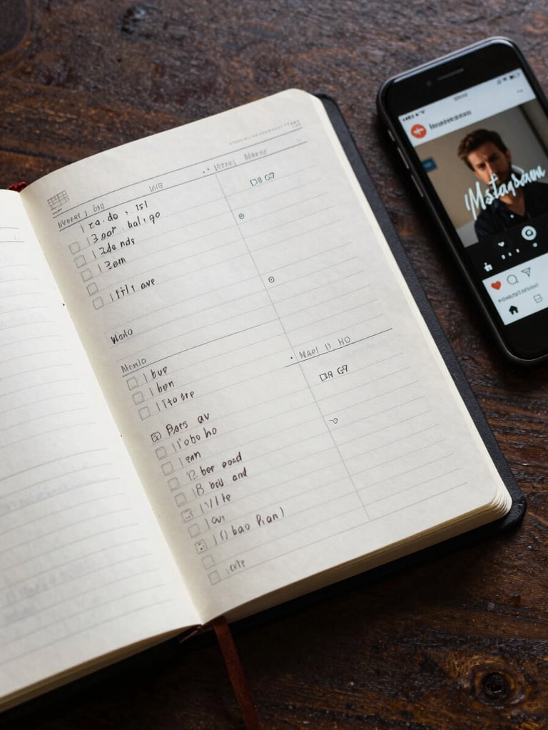 Overhead angle of a physical appointment book open to a week fully filled with handwritten bookings, a mobile phone beside it showing an Instagram ad preview, even studio lighting