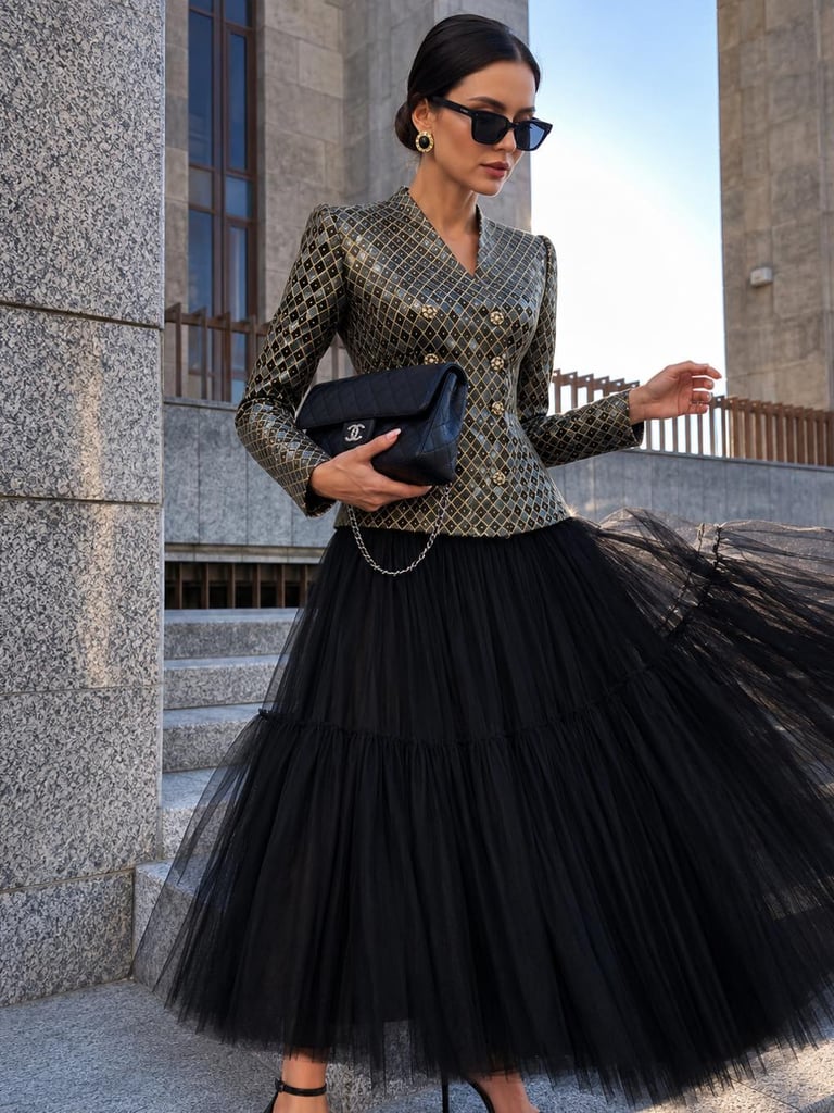 Woman wearing a metallic checkered blazer and black tulle skirt while holding a designer handbag.