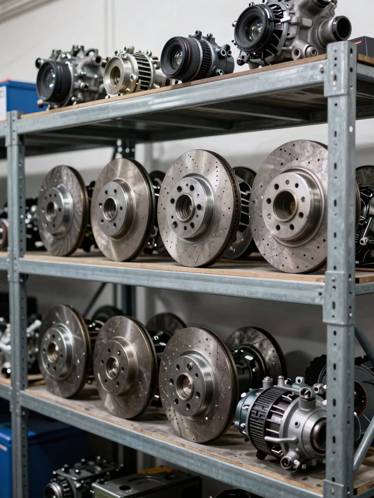 Organized spare auto parts, brake discs and clean alternators on heavy steel industrial shelves, natural overcast daylight, sharp focus on mechanical details, 35mm lens