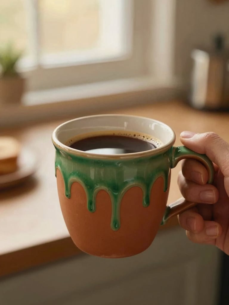 Vertical portrait shot of a hand holding a warm terracotta mug filled with coffee, showing beautiful dripped green glaze detailing, soft kitchen background.