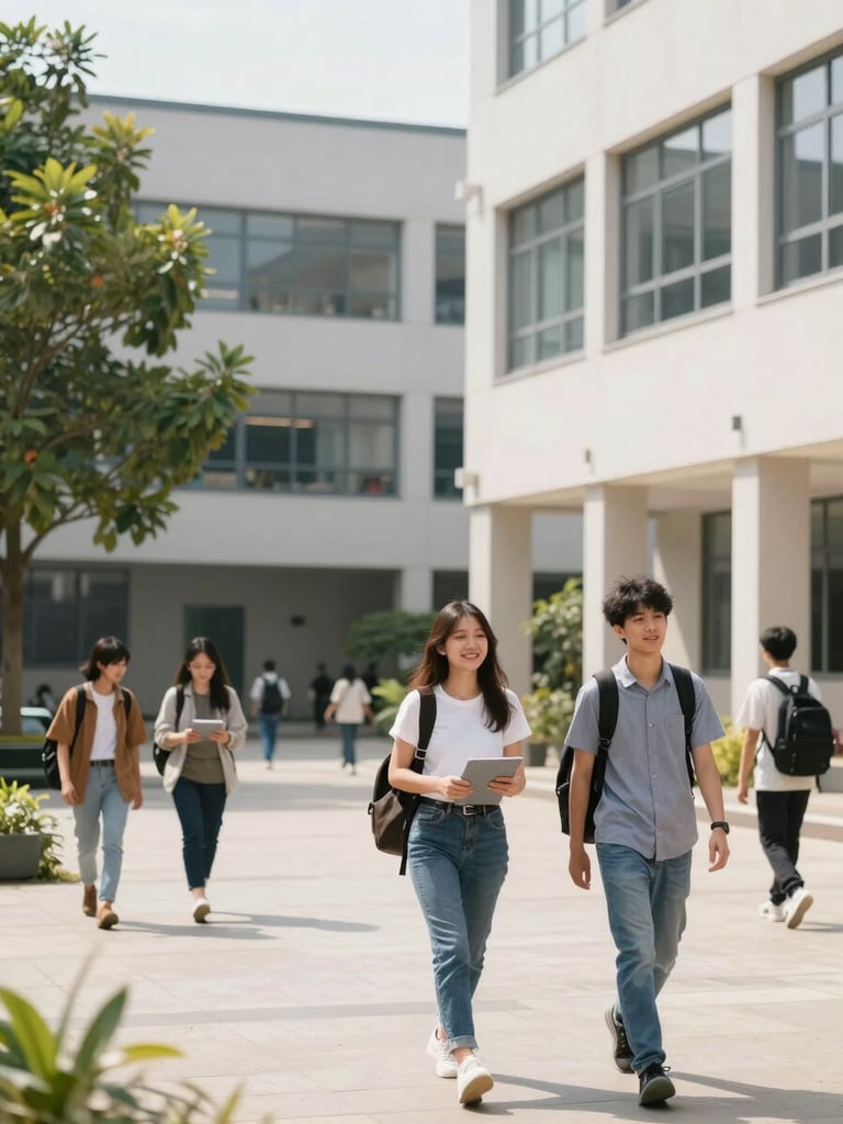 A bright, modern university campus courtyard with students walking between classes, natural daylight, clean academic environment.