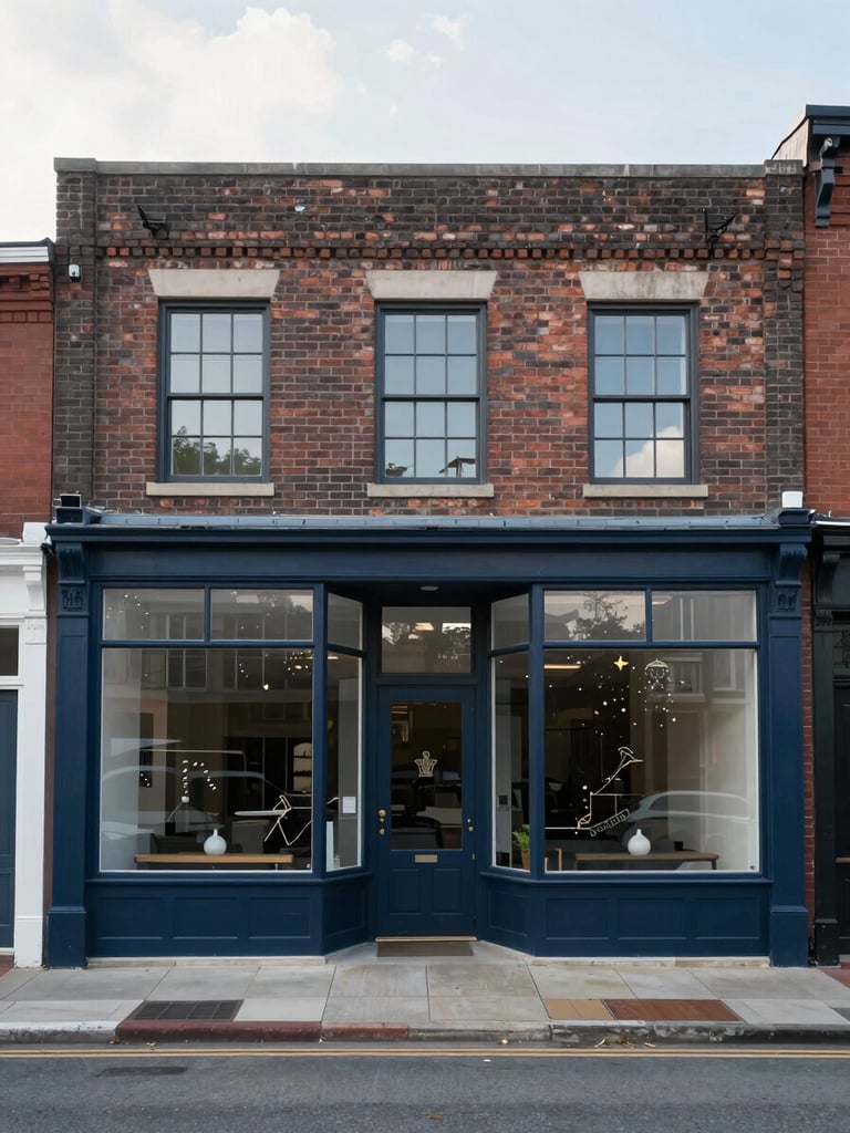 A straight-on architectural photograph of a historic brick commercial storefront in Augusta, soft morning daylight, clean reflections in windows, editorial style