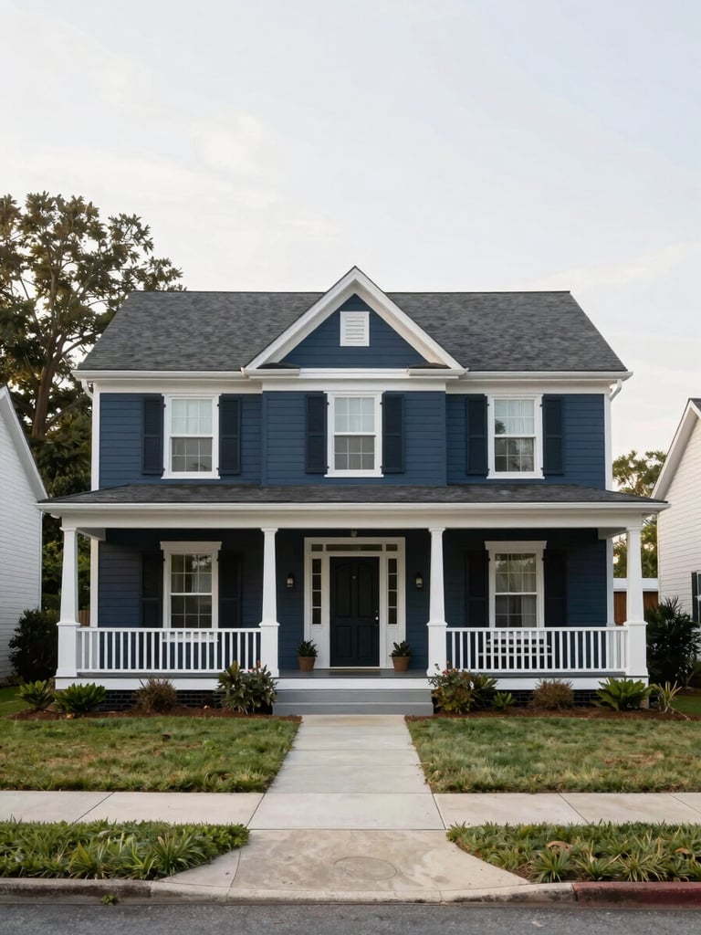 Clean straight-on architectural shot of a classic Southern residential home with a welcoming porch, soft morning overcast light, generous breathing room