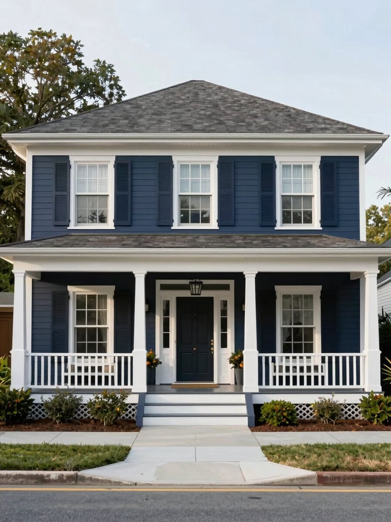 Clean straight-on architectural shot of a classic Georgia residential home with a tidy porch, soft natural morning light, deep navy accents, generous breathing room, clean editorial photography.