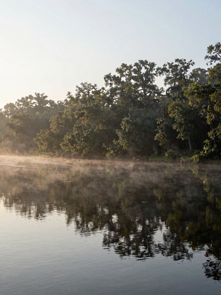 The quiet Savannah River in Augusta at sunrise, soft morning mist, calm water reflecting trees on the bank, wide environmental framing, 35mm