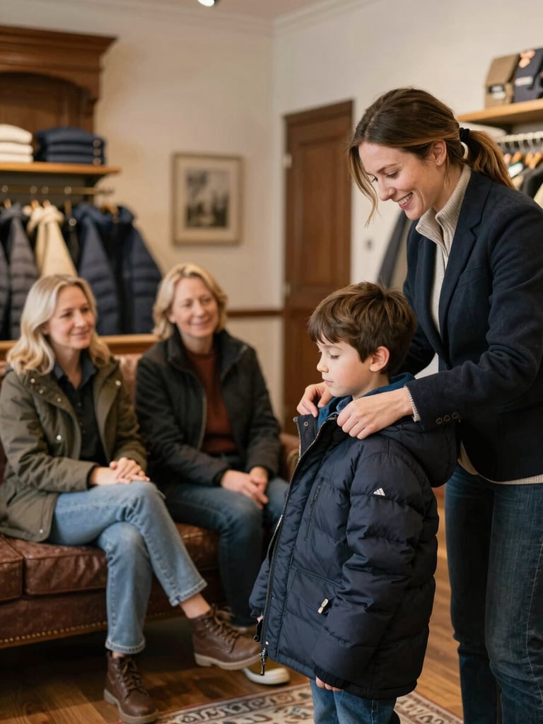 A smiling staff member helping a young boy try on a winter jacket while his parents watch comfortably from a nearby seating area, warm heritage retail space, 35mm.